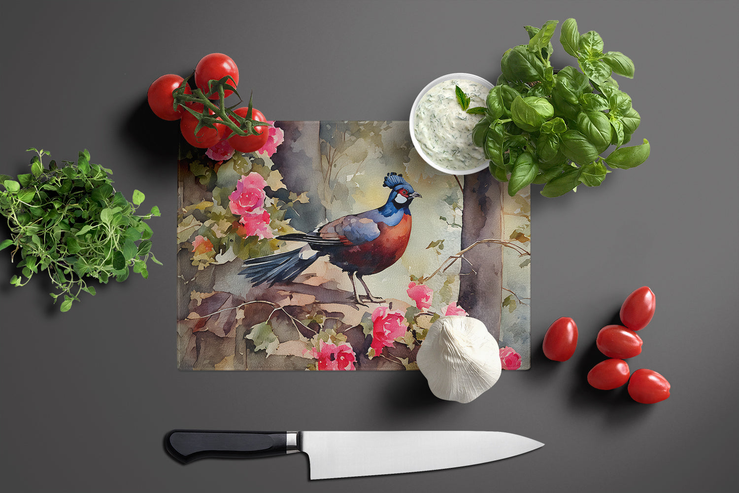 Pheasant Bird in Garden Floral Cutting Board Tempered Glass Kitchen Cutting Surface, Heat Resistant Chopping, Non-Slip Feet, Food Prep & Serving