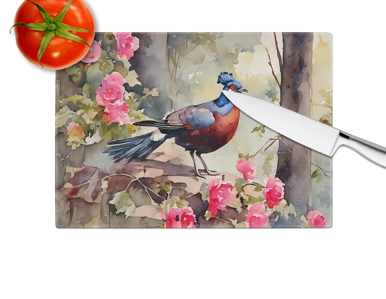 Pheasant Bird in Garden Floral Cutting Board Tempered Glass Kitchen Cutting Surface, Heat Resistant Chopping, Non-Slip Feet, Food Prep & Serving