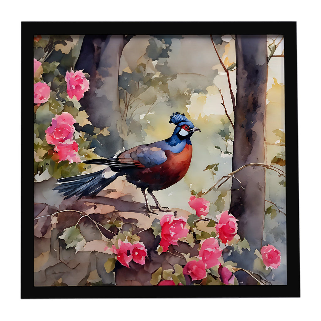 Pheasant Bird in Garden Floral Framed Metal Print Bathroom, Kitchen, Office, Home Decor Wall Art Ready to Hang, Square, 8X8
