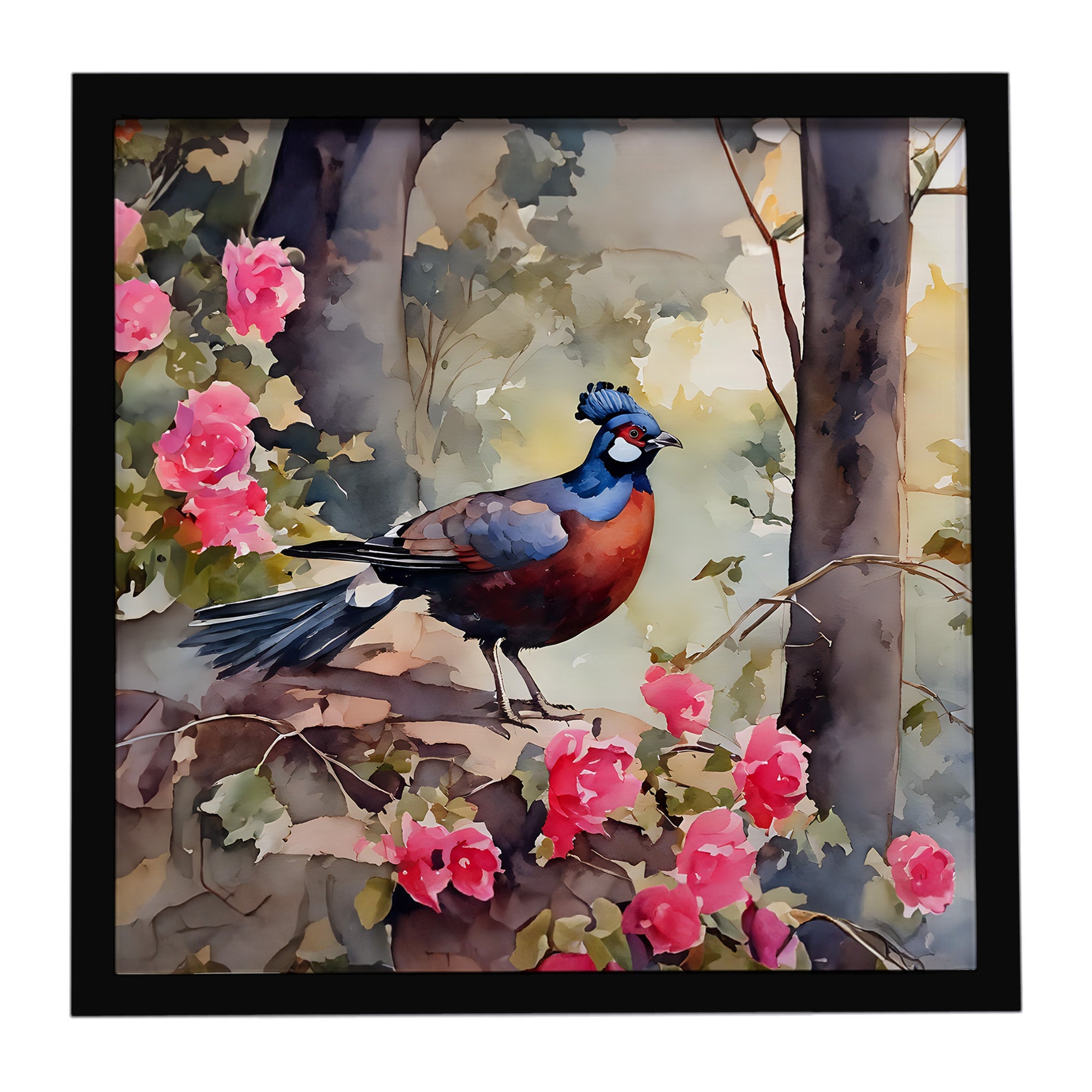 Pheasant Bird in Garden Floral Framed Metal Print Bathroom, Kitchen, Office, Home Decor Wall Art Ready to Hang, Square, 8X8