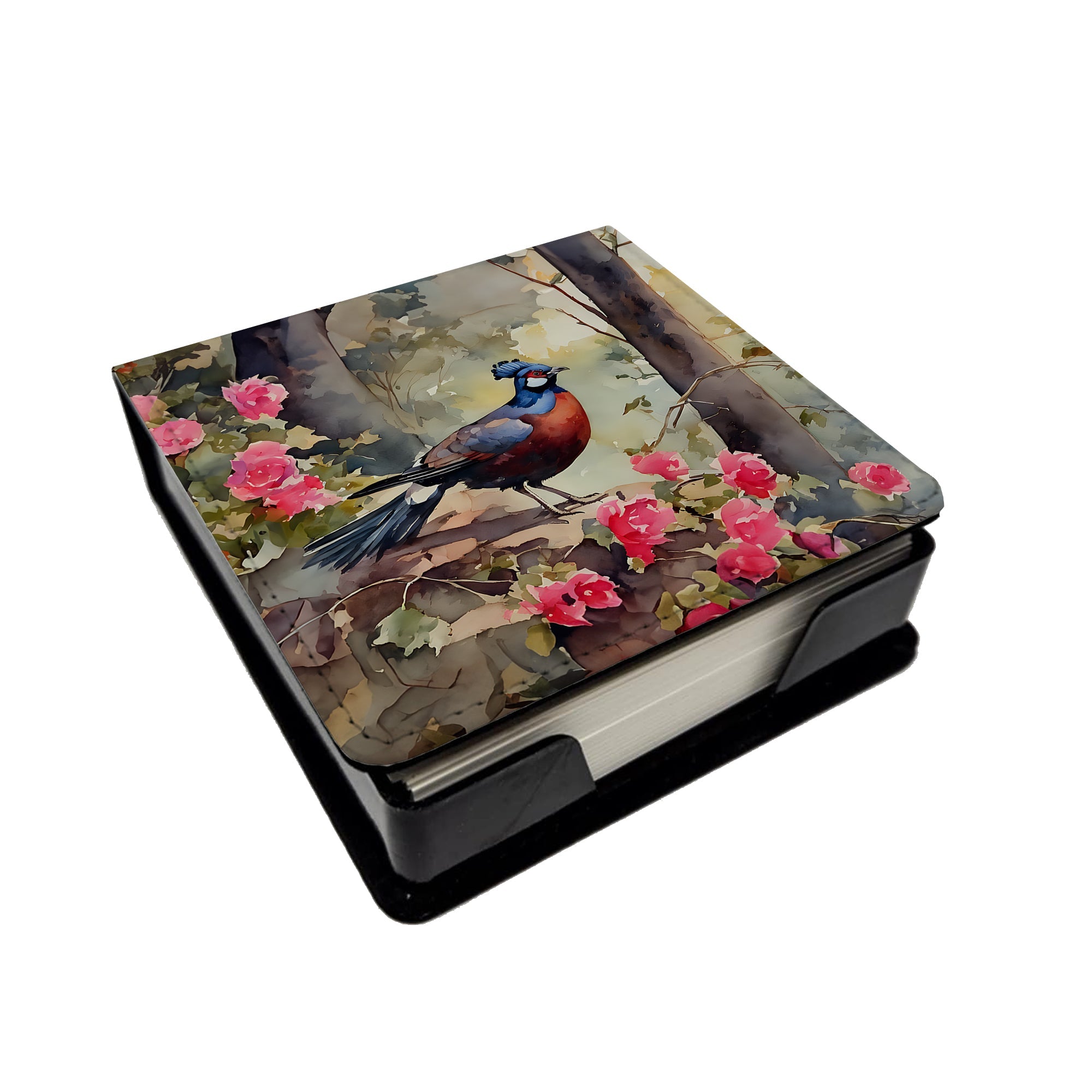 Pheasant Bird in Garden Floral PU Leather Note Paper Holder with Artist-Designed Cover, Desk Accessory, Office Gift