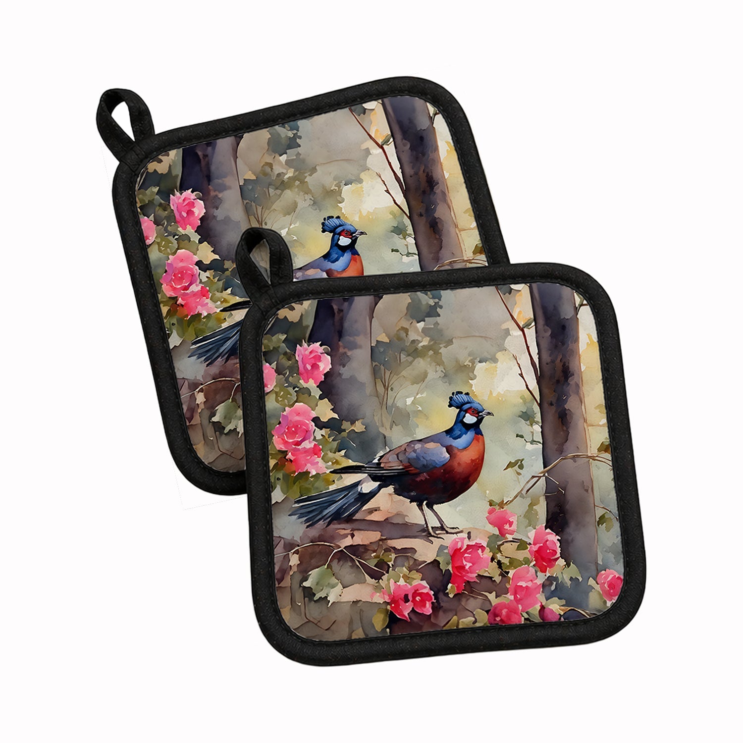 Pheasant Bird in Garden Floral Pot Holder Set of 2 Heat Resistant Quilted Hot Pads 7.5 x 7.5 Inch, Insulated Kitchen Trivets for Cooking & Baking