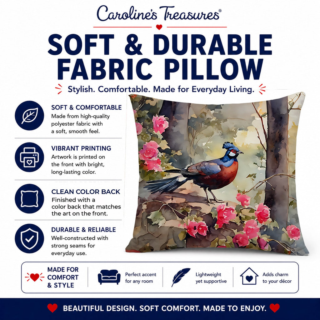 Pheasant Bird in Garden Floral Decorative Throw Pillow 14x14 Indoor Outdoor Accent Cushion, Fabric Cover with Insert for Sofa, Bed, Porch & Living Room