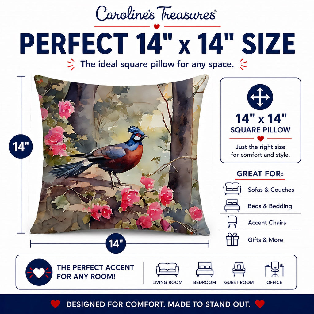 Pheasant Bird in Garden Floral Decorative Throw Pillow 14x14 Indoor Outdoor Accent Cushion, Fabric Cover with Insert for Sofa, Bed, Porch & Living Room