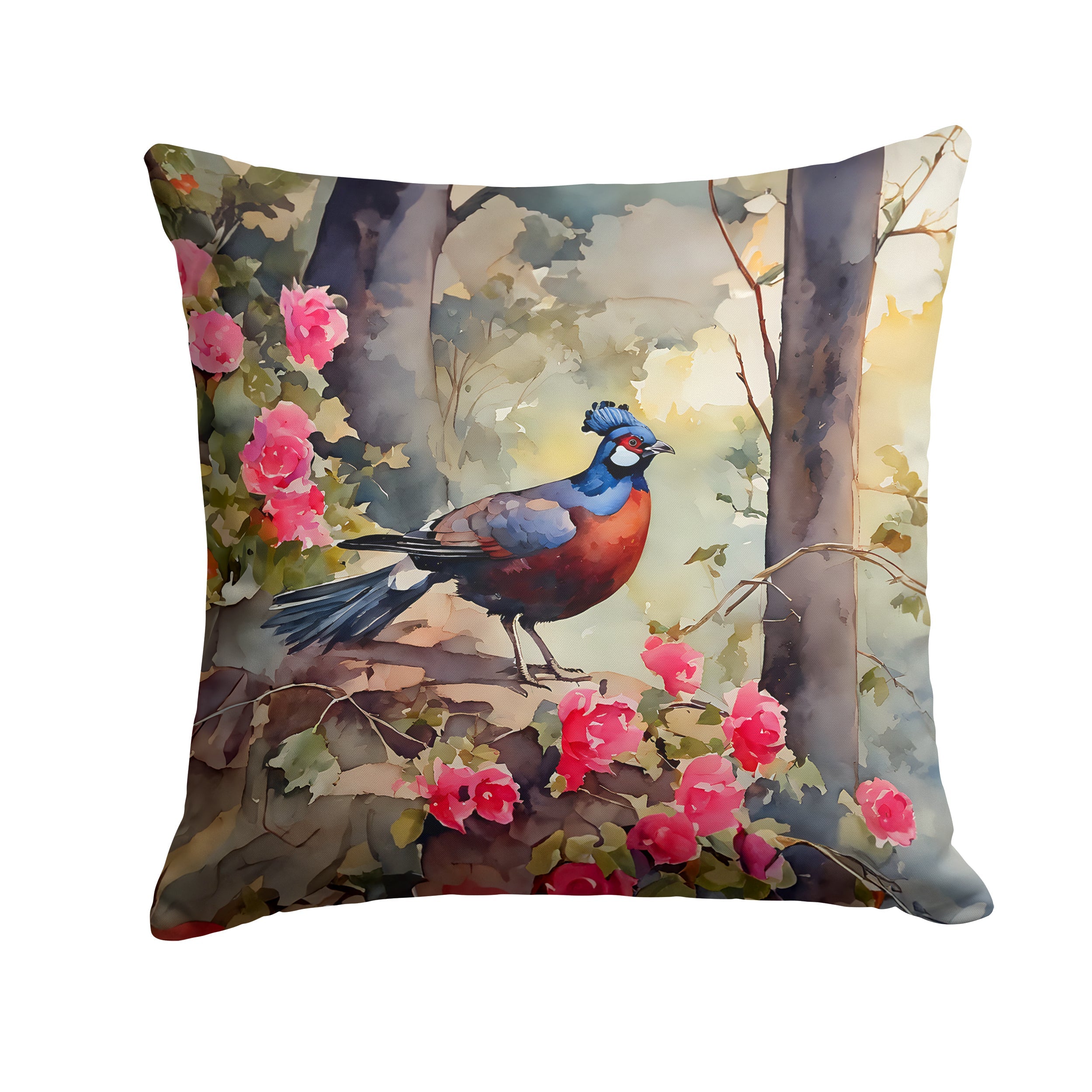 Pheasant Bird in Garden Floral Decorative Throw Pillow 14x14 Indoor Outdoor Accent Cushion, Fabric Cover with Insert for Sofa, Bed, Porch & Living Room