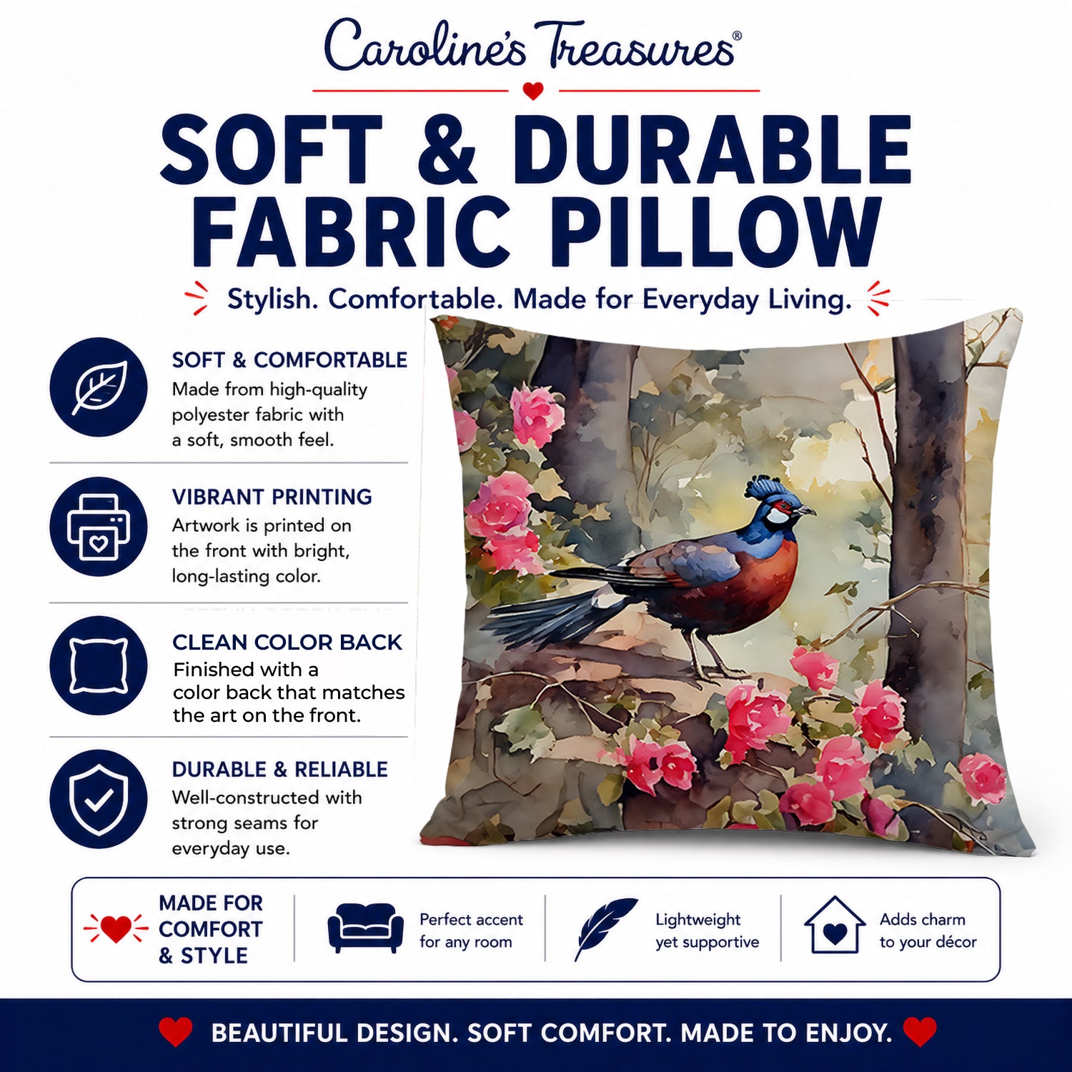 Pheasant Bird in Garden Floral Decorative Throw Pillow 18x18 Indoor Outdoor Accent Cushion, Fabric Cover with Insert for Sofa, Bed, Porch & Living Room
