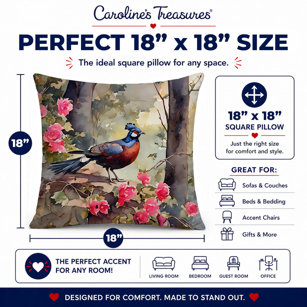 Pheasant Bird in Garden Floral Decorative Throw Pillow 18x18 Indoor Outdoor Accent Cushion, Fabric Cover with Insert for Sofa, Bed, Porch & Living Room