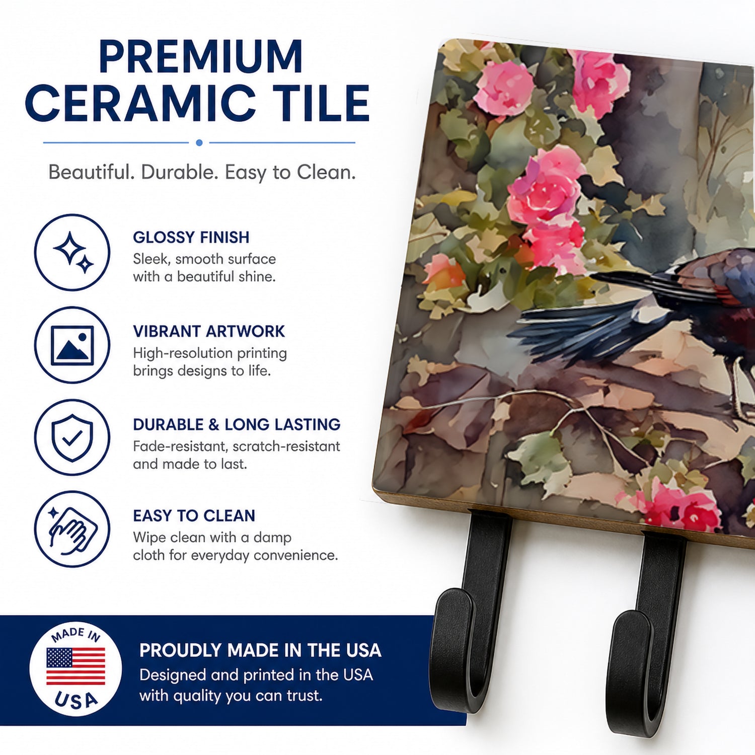 Pheasant Bird in Garden Floral Leash or Key Holder Wall Hooks, Coat Rack Wall Mount, for Hanging Keys, Towels, Aprons, Leashes