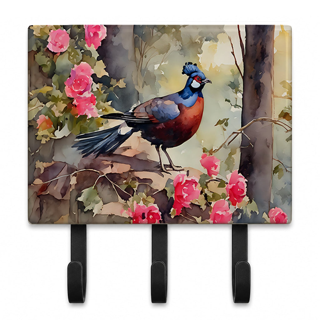 Pheasant Bird in Garden Floral Leash or Key Holder Wall Hooks, Coat Rack Wall Mount, for Hanging Keys, Towels, Aprons, Leashes
