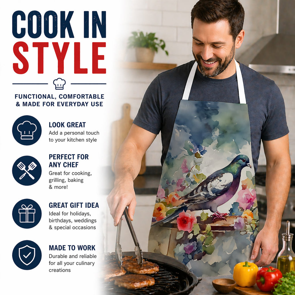 Pigeon Bird with Floral Accents Apron Cooking Kitchen Server Baking Crafts Gardening for Adult Women Men, Unisex, Large, Multicolor