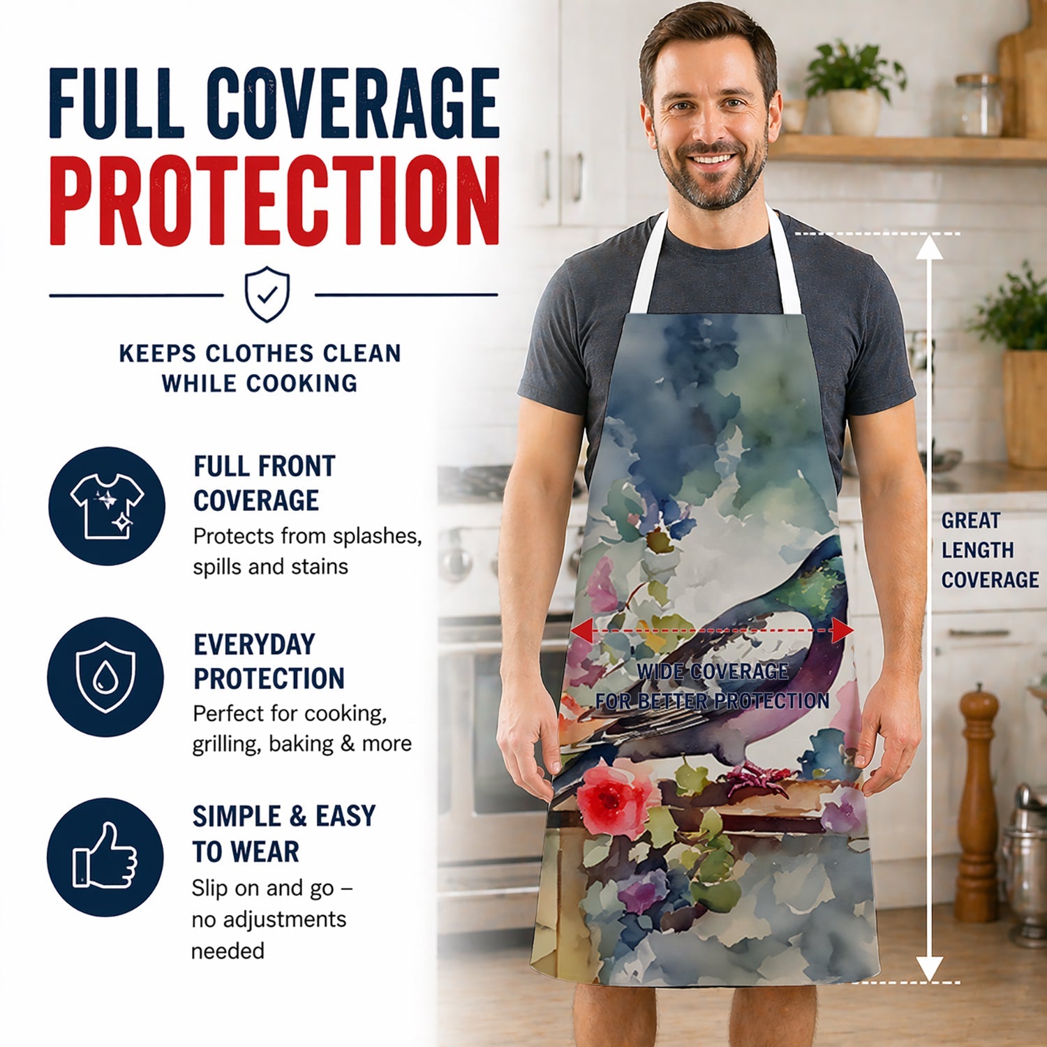 Pigeon Bird with Floral Accents Apron Cooking Kitchen Server Baking Crafts Gardening for Adult Women Men, Unisex, Large, Multicolor