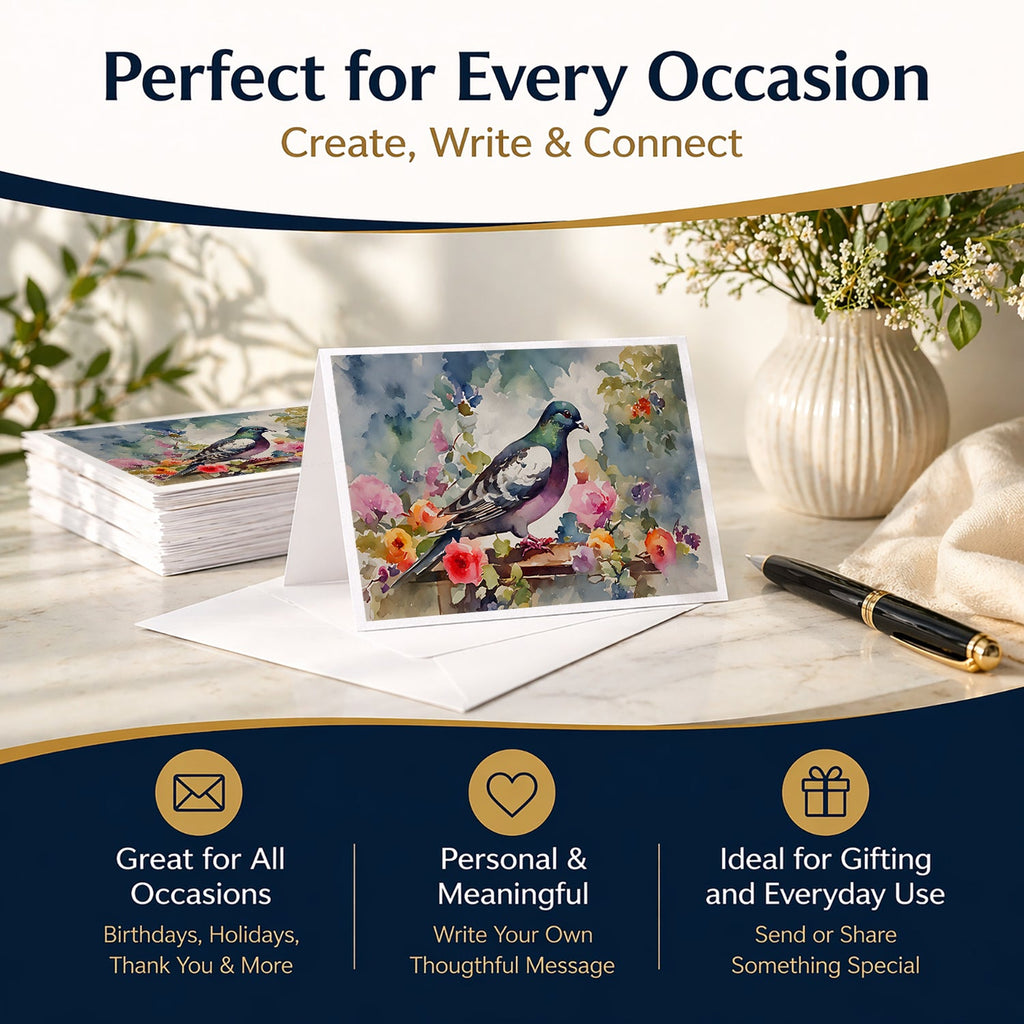 Pigeon Bird with Floral Accents Greeting Cards Pack of 8 Blank Cards with Envelopes Whimsical A7 Size 5x7