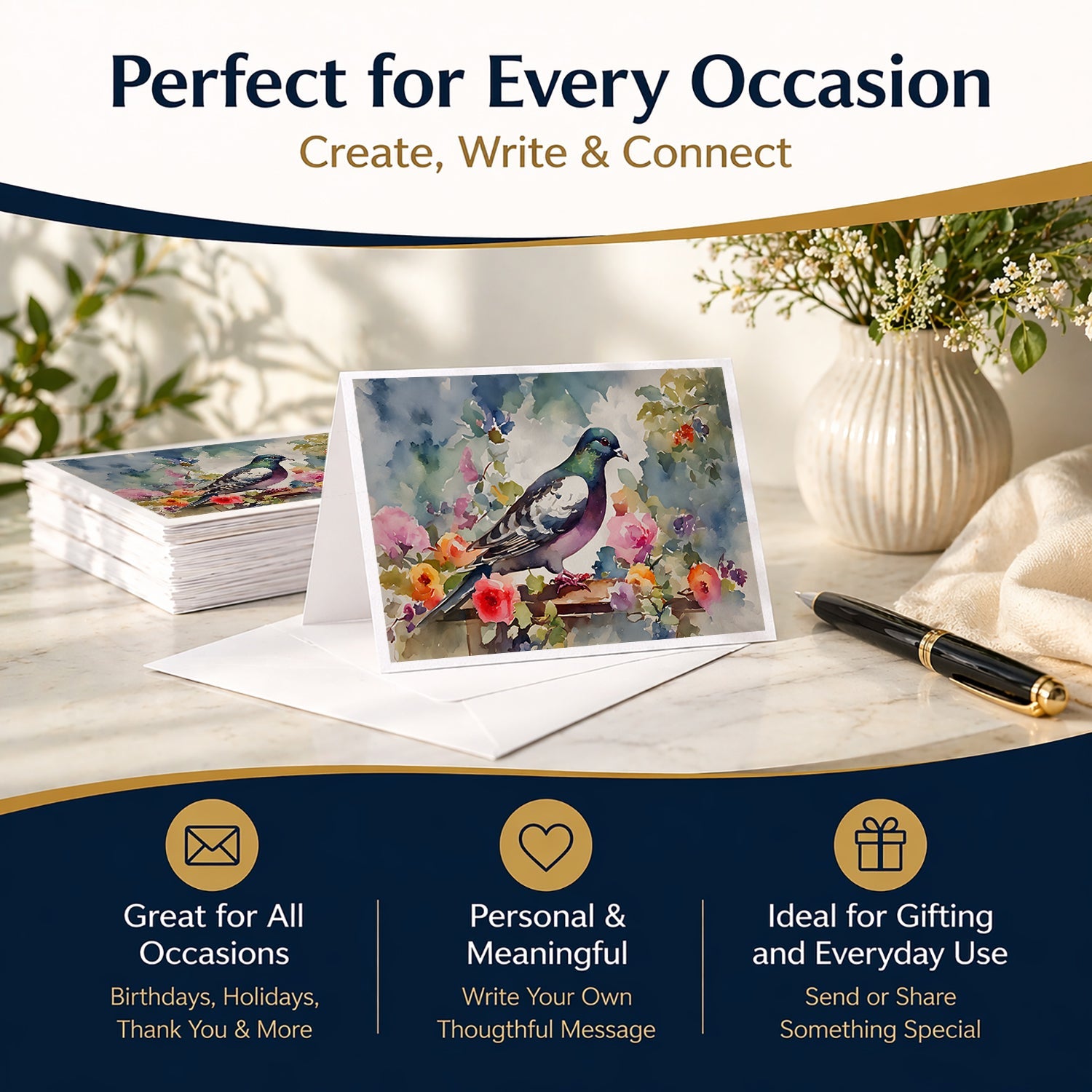 Pigeon Bird with Floral Accents Greeting Cards Pack of 8 Blank Cards with Envelopes Whimsical A7 Size 5x7