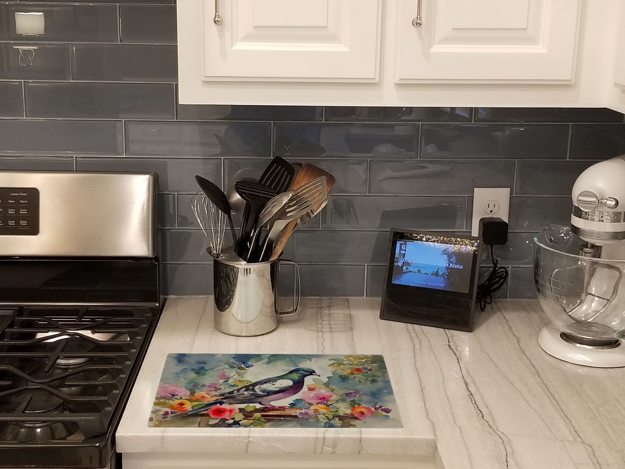 Pigeon Bird with Floral Accents Cutting Board Tempered Glass Kitchen Cutting Surface, Heat Resistant Chopping, Non-Slip Feet, Food Prep & Serving