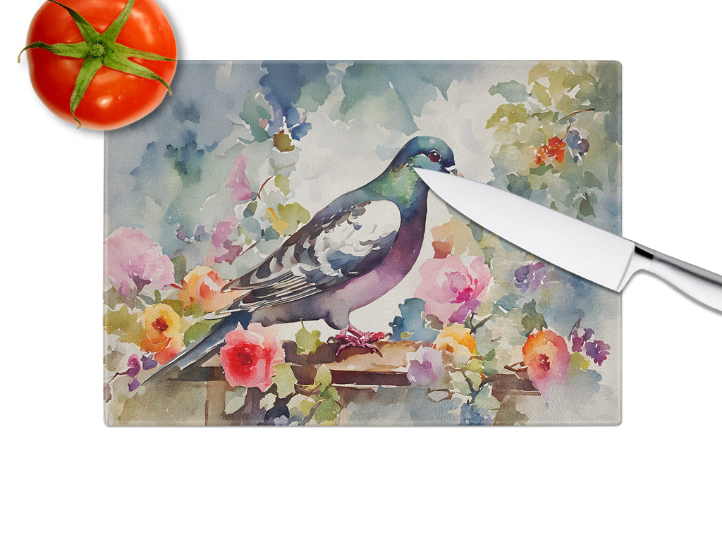Pigeon Bird with Floral Accents Cutting Board Tempered Glass Kitchen Cutting Surface, Heat Resistant Chopping, Non-Slip Feet, Food Prep & Serving