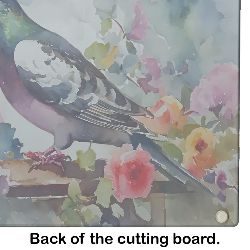 Pigeon Bird with Floral Accents Cutting Board Tempered Glass Kitchen Cutting Surface, Heat Resistant Chopping, Non-Slip Feet, Food Prep & Serving