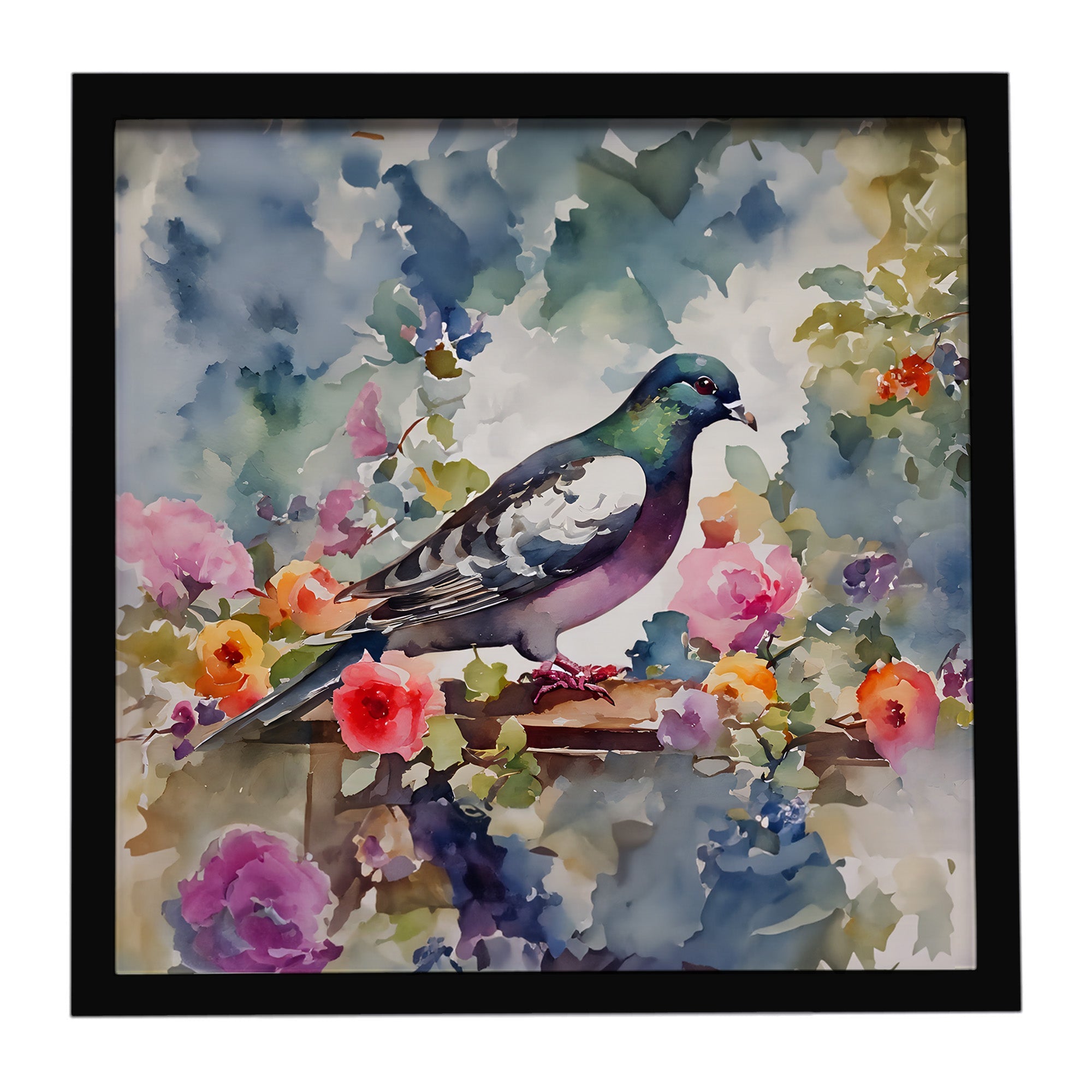Pigeon Bird with Floral Accents Framed Metal Print Bathroom, Kitchen, Office, Home Decor Wall Art Ready to Hang, Square, 8X8