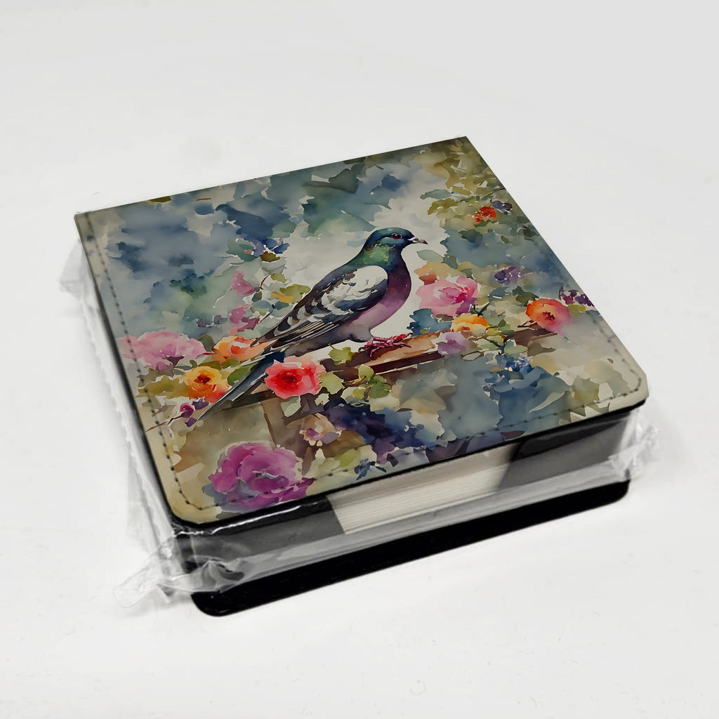 Pigeon Bird with Floral Accents PU Leather Note Paper Holder with Artist-Designed Cover, Desk Accessory, Office Gift