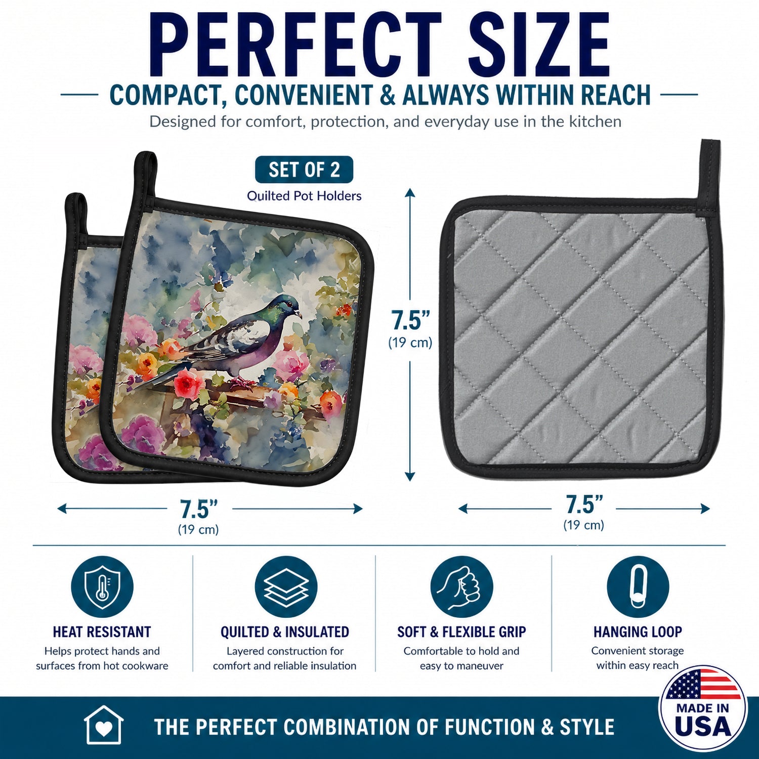 Pigeon Bird with Floral Accents Pot Holder Set of 2 Heat Resistant Quilted Hot Pads 7.5 x 7.5 Inch, Insulated Kitchen Trivets for Cooking & Baking