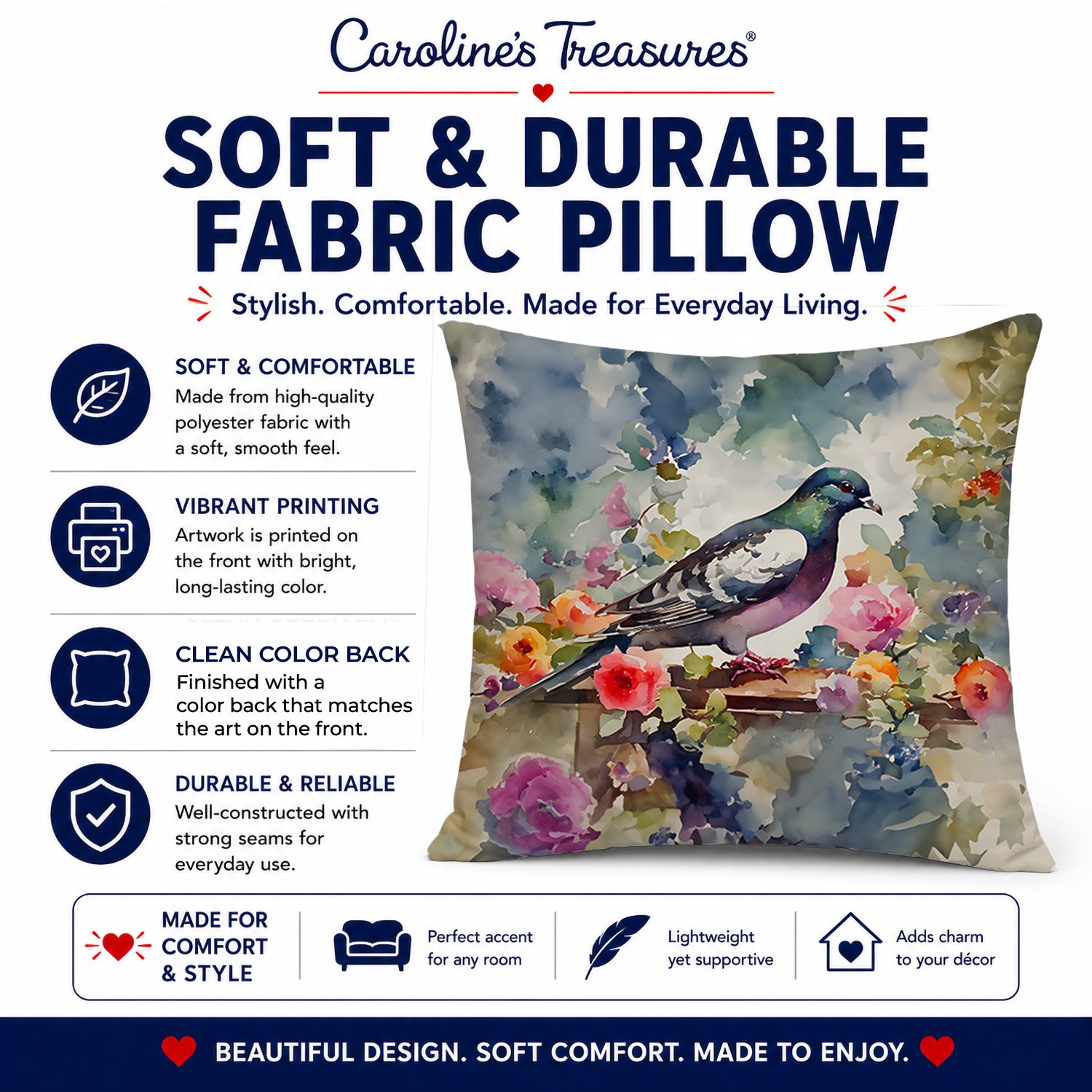 Pigeon Bird with Floral Accents Decorative Throw Pillow 14x14 Indoor Outdoor Accent Cushion, Fabric Cover with Insert for Sofa, Bed, Porch & Living Room
