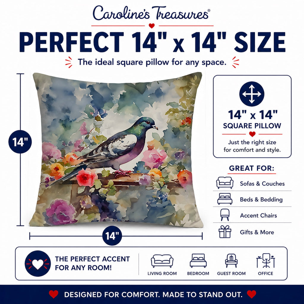 Pigeon Bird with Floral Accents Decorative Throw Pillow 14x14 Indoor Outdoor Accent Cushion, Fabric Cover with Insert for Sofa, Bed, Porch & Living Room