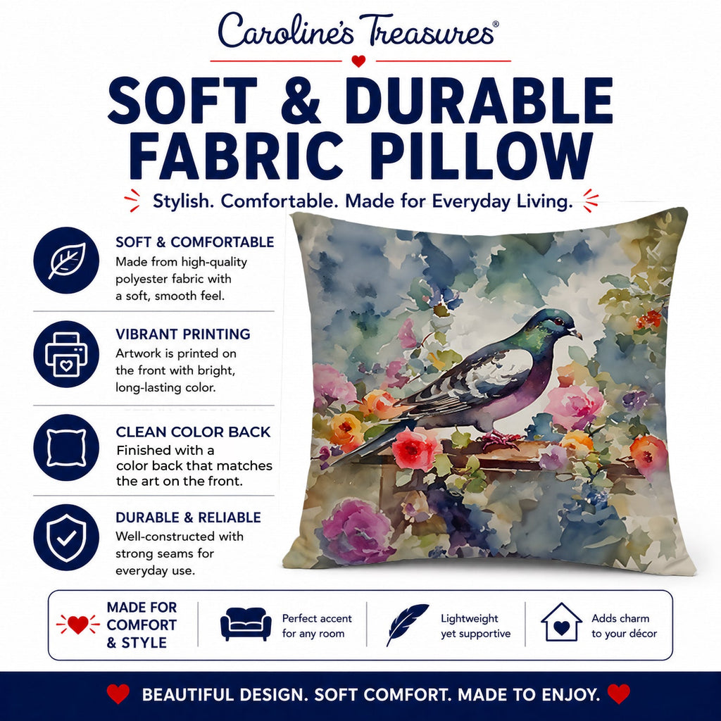 Pigeon Bird with Floral Accents Decorative Throw Pillow 18x18 Indoor Outdoor Accent Cushion, Fabric Cover with Insert for Sofa, Bed, Porch & Living Room