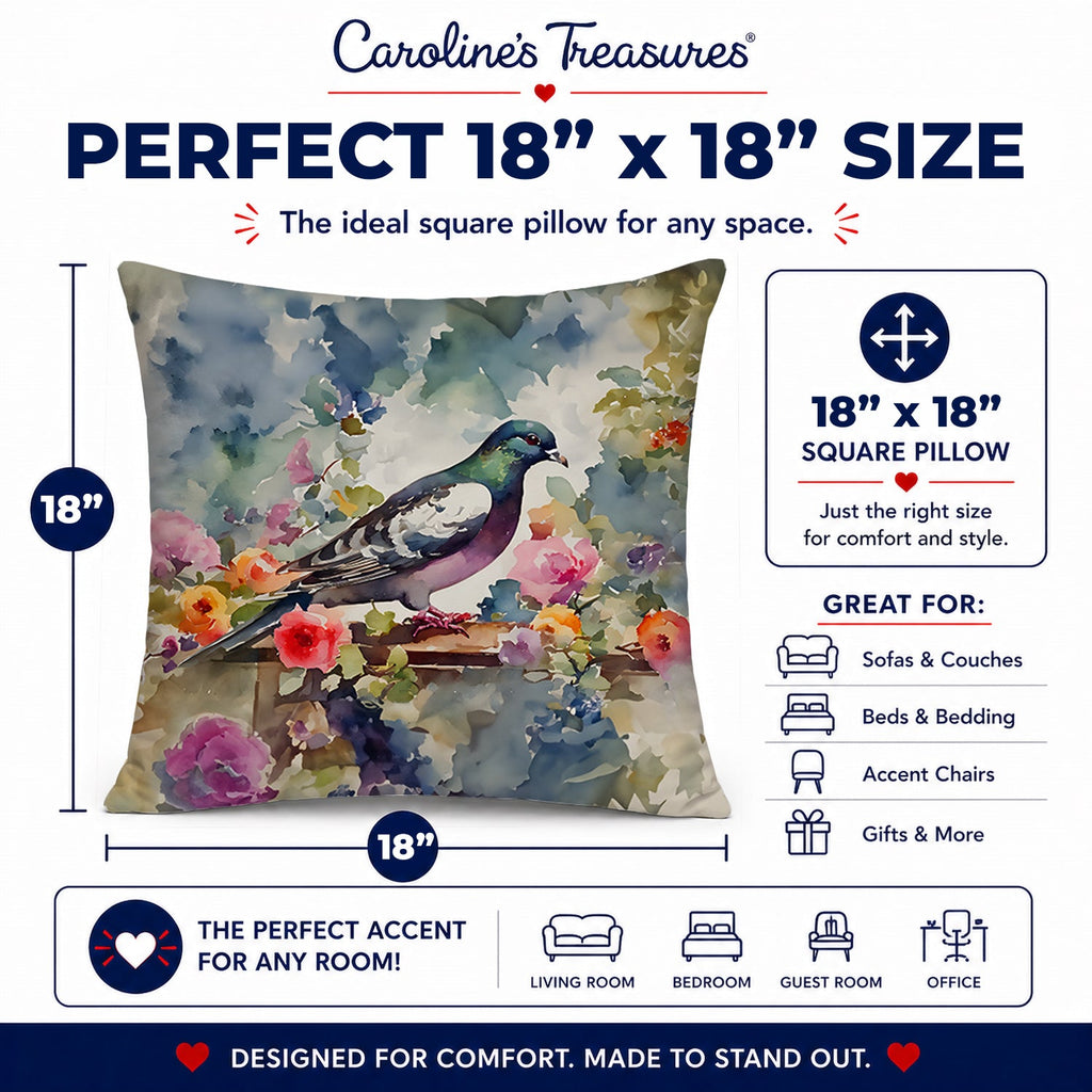 Pigeon Bird with Floral Accents Decorative Throw Pillow 18x18 Indoor Outdoor Accent Cushion, Fabric Cover with Insert for Sofa, Bed, Porch & Living Room