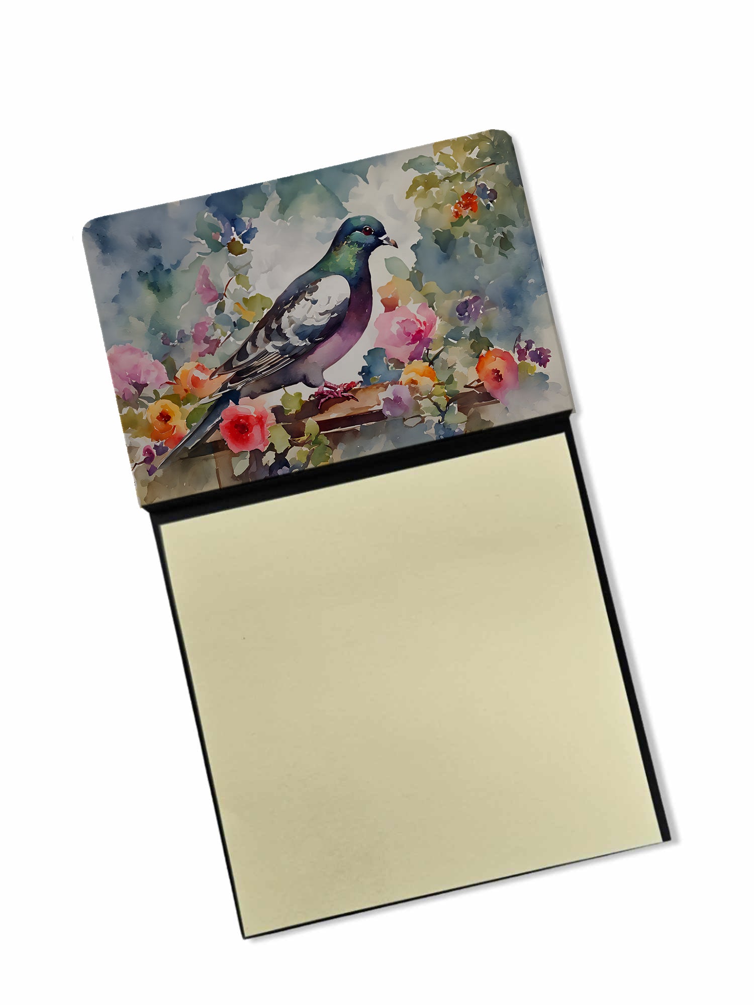 Pigeon Bird with Floral Accents Watercolor Sticky Note Holder Refillable Dispenser Desk Accessory 3x3 Pad Gift