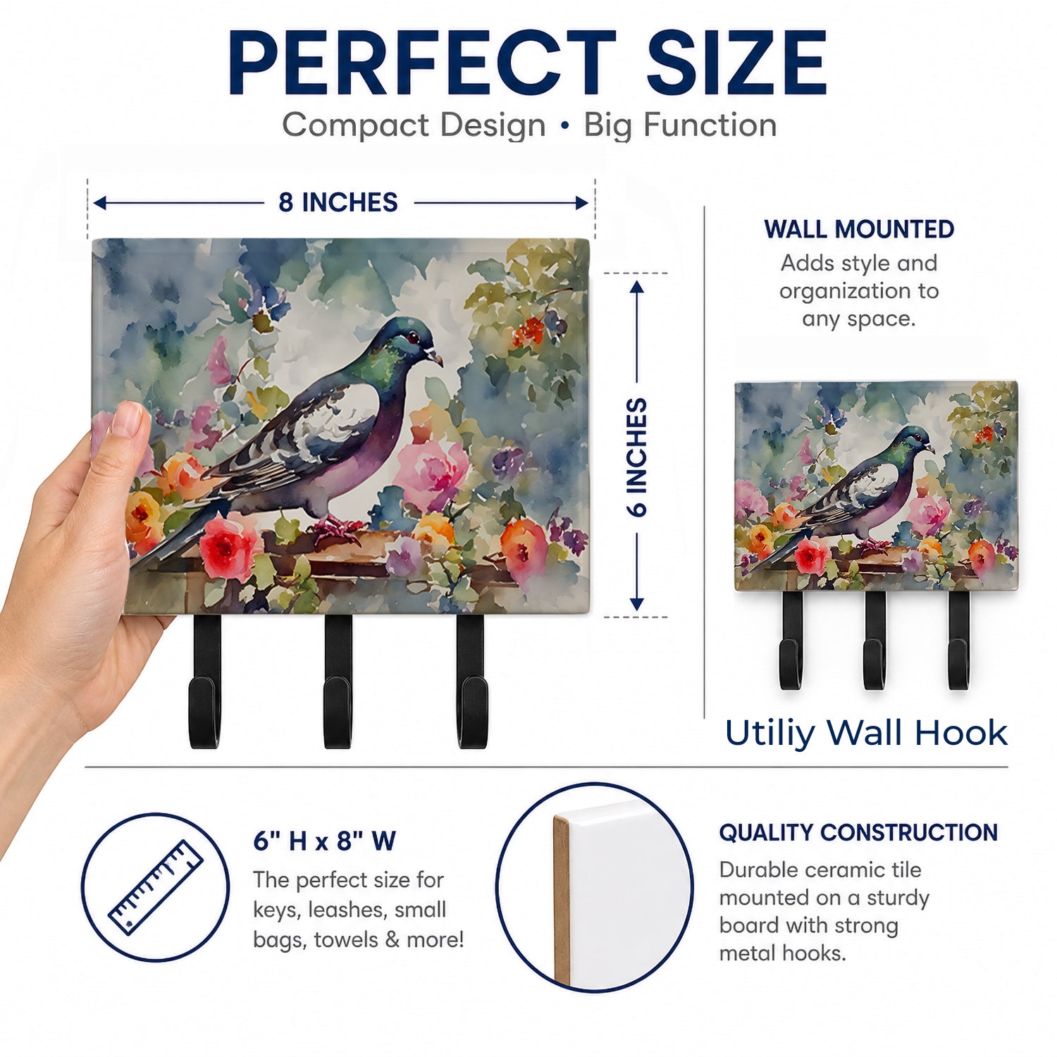 Pigeon Bird with Floral Accents Leash or Key Holder Wall Hooks, Coat Rack Wall Mount, for Hanging Keys, Towels, Aprons, Leashes