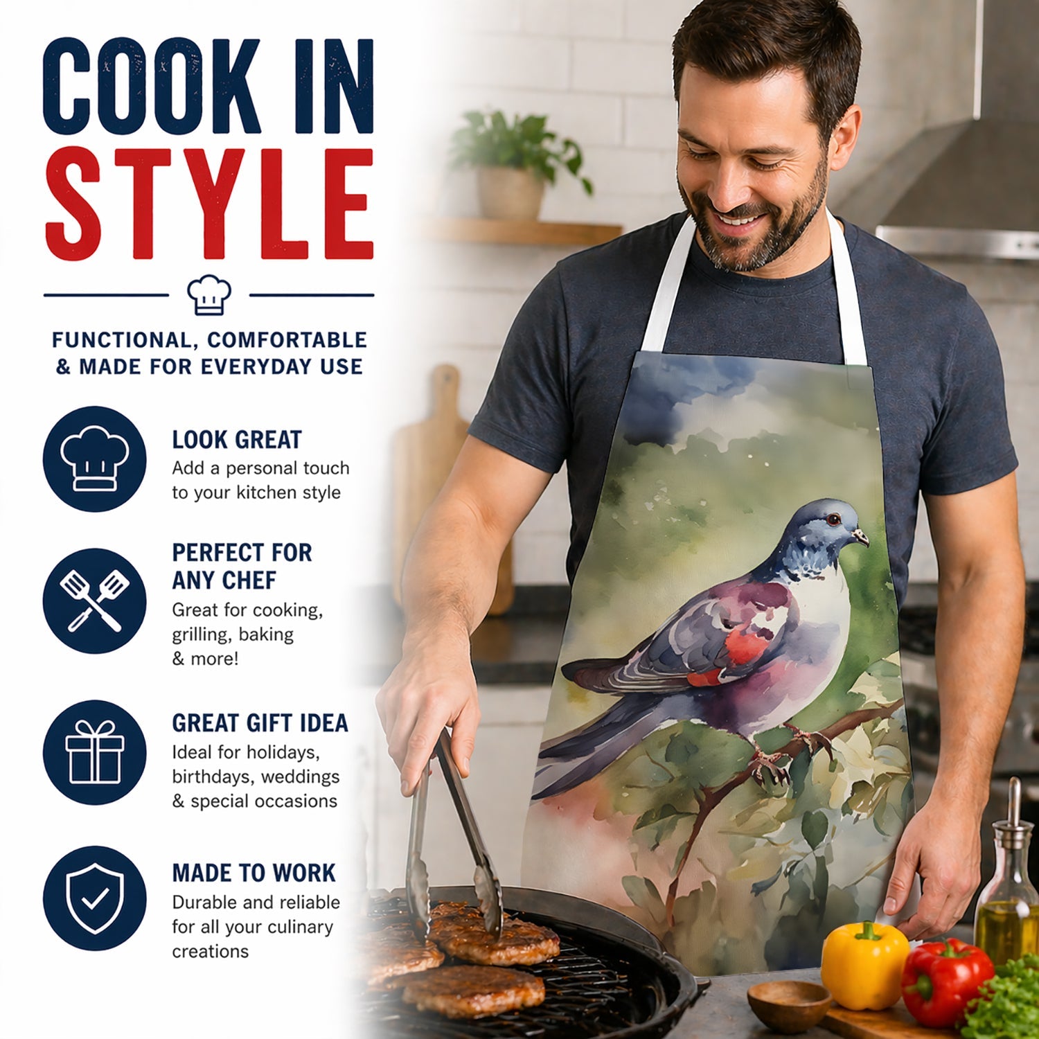 Pigeon Perched with Flowers Apron Cooking Kitchen Server Baking Crafts Gardening for Adult Women Men, Unisex, Large, Multicolor