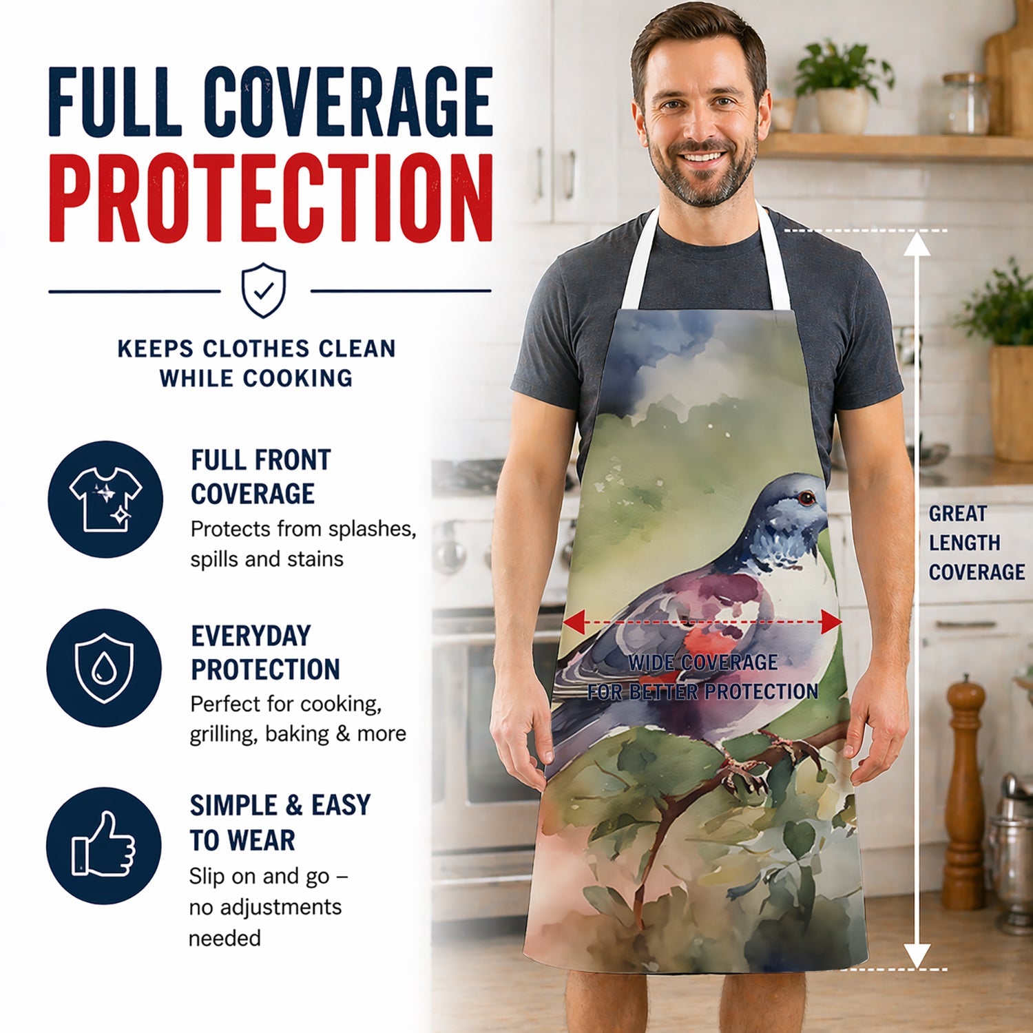 Pigeon Perched with Flowers Apron Cooking Kitchen Server Baking Crafts Gardening for Adult Women Men, Unisex, Large, Multicolor