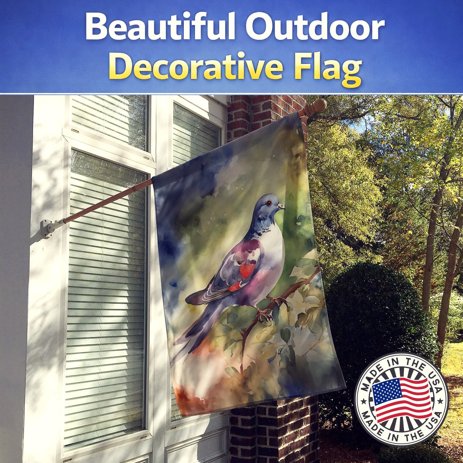 Pigeon Perched with Flowers House Flag 28x40 Porch Sleeve Pole Decorative Outside Yard Banner Artwork Wall Hanging, Polyester
