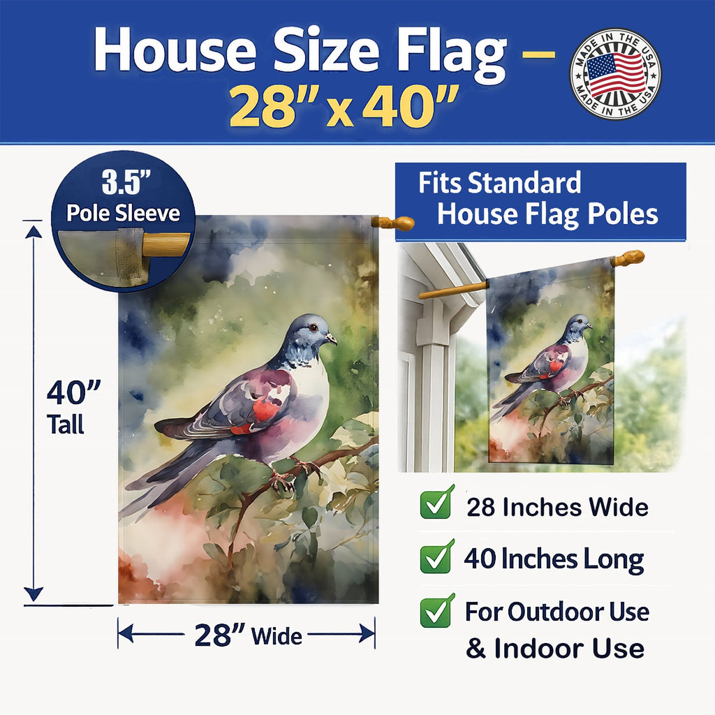 Pigeon Perched with Flowers House Flag 28x40 Porch Sleeve Pole Decorative Outside Yard Banner Artwork Wall Hanging, Polyester