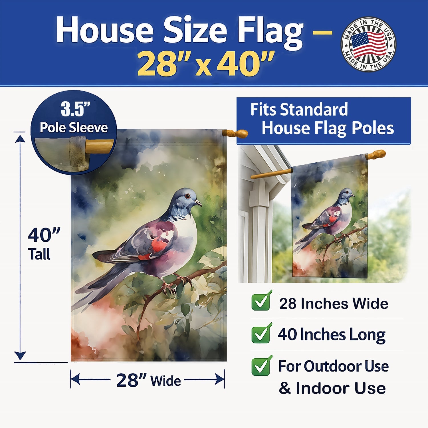 Pigeon Perched with Flowers House Flag 28x40 Porch Sleeve Pole Decorative Outside Yard Banner Artwork Wall Hanging, Polyester