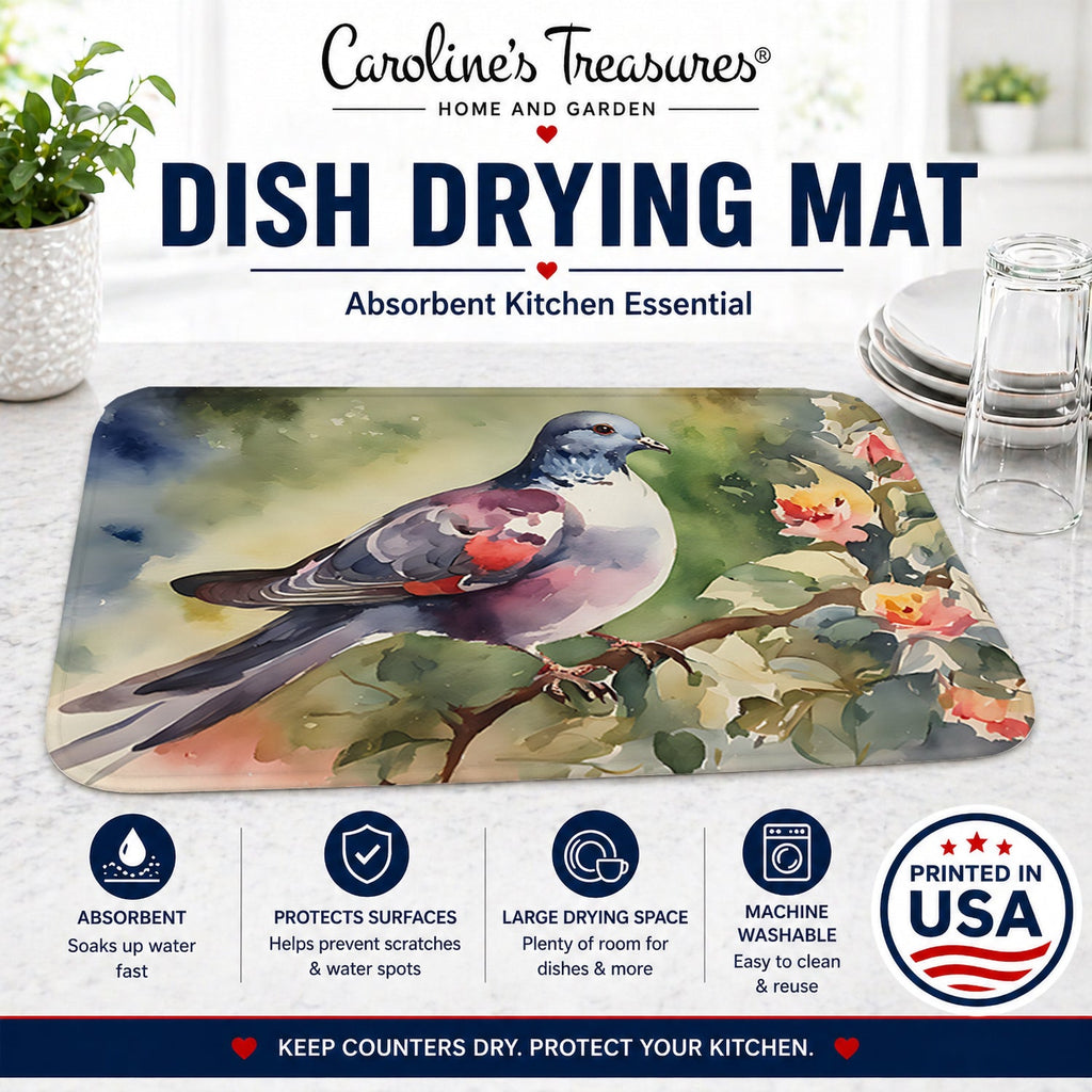 Pigeon Perched with Flowers Dish Drying Mat Absorbent Dish Drying Mat Pad for Kitchen Counter Dish Drainer Mat for Countertop, 14 x 21", Multicolor