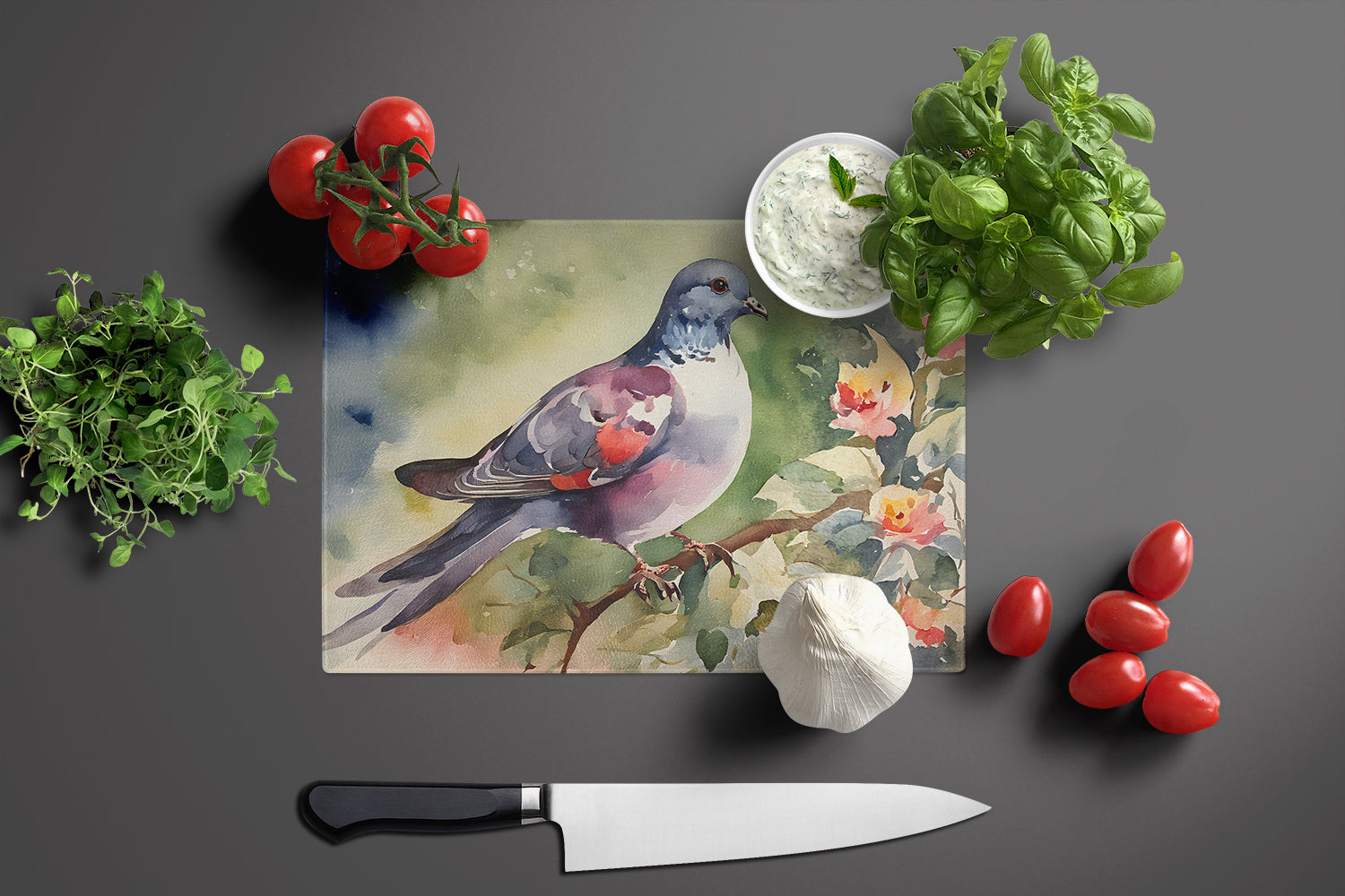 Pigeon Perched with Flowers Cutting Board Tempered Glass Kitchen Cutting Surface, Heat Resistant Chopping, Non-Slip Feet, Food Prep & Serving