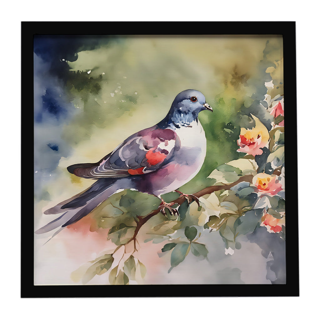 Pigeon Perched with Flowers Framed Metal Print Bathroom, Kitchen, Office, Home Decor Wall Art Ready to Hang, Square, 8X8