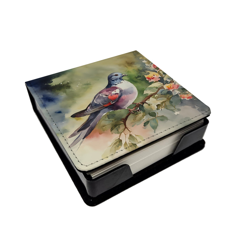 Pigeon Perched with Flowers PU Leather Note Paper Holder with Artist-Designed Cover, Desk Accessory, Office Gift