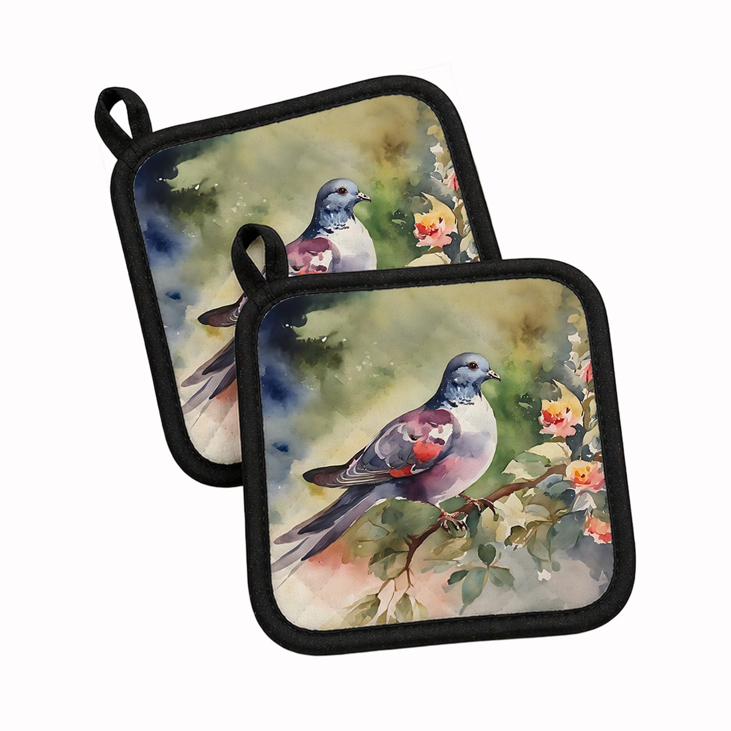 Pigeon Perched with Flowers Pot Holder Set of 2 Heat Resistant Quilted Hot Pads 7.5 x 7.5 Inch, Insulated Kitchen Trivets for Cooking & Baking