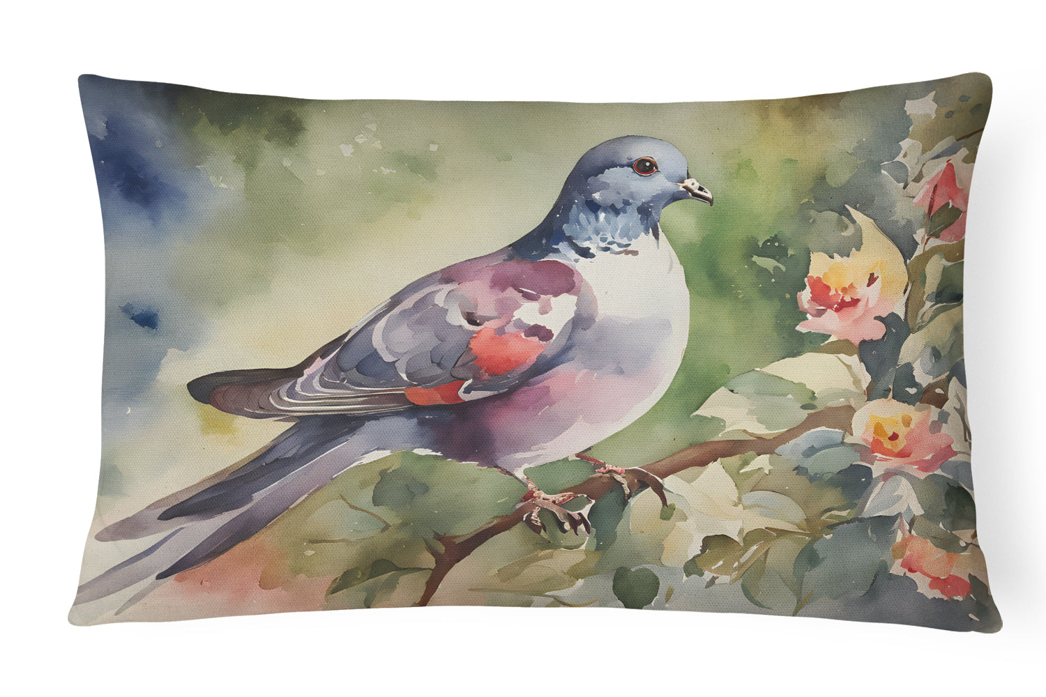 Pigeon Perched with Flowers Decorative Throw Pillow 12x16 Indoor Outdoor Accent Cushion, Fabric Cover with Insert for Sofa, Bed, Porch & Living Room