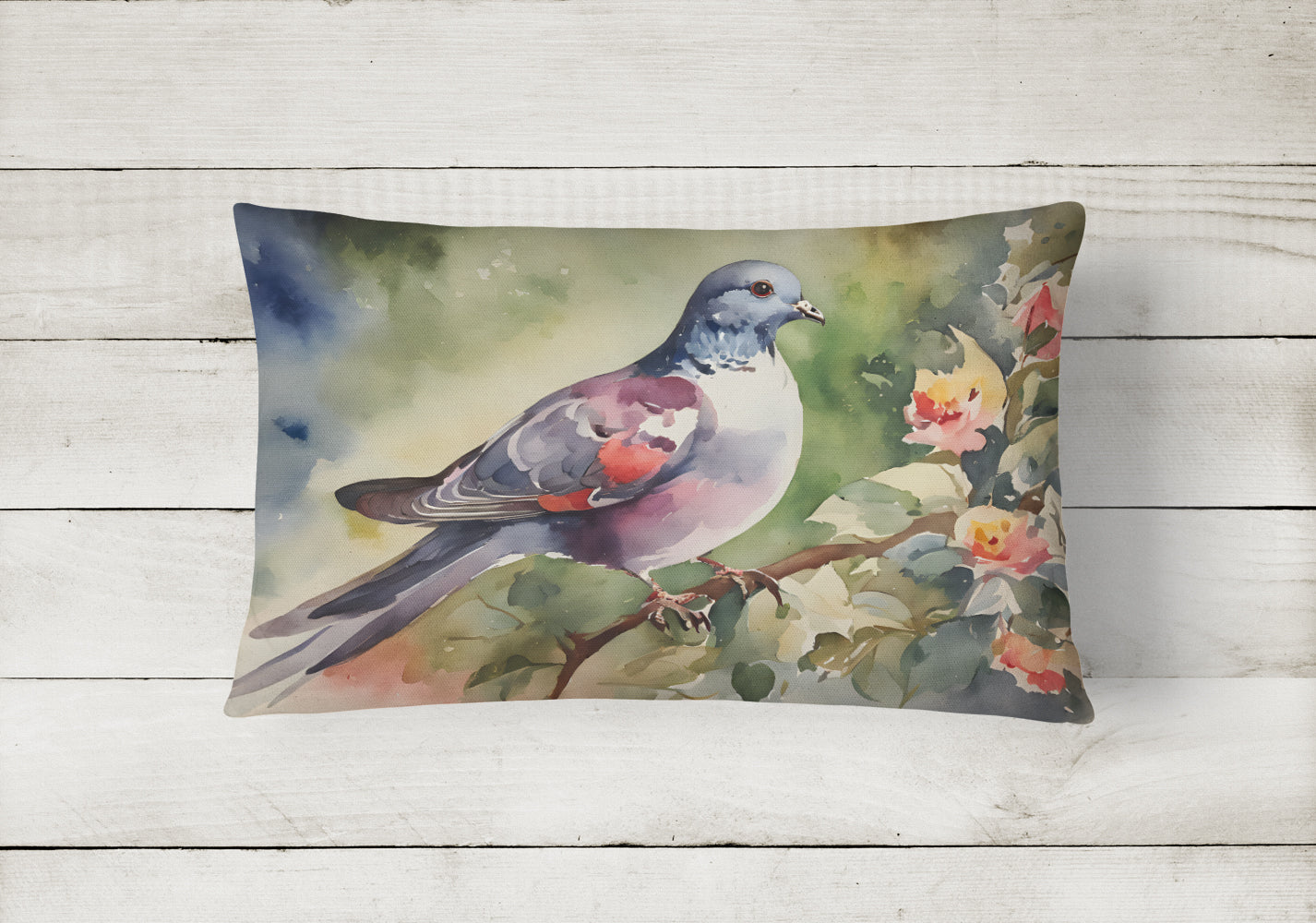 Pigeon Perched with Flowers Decorative Throw Pillow 12x16 Indoor Outdoor Accent Cushion, Fabric Cover with Insert for Sofa, Bed, Porch & Living Room