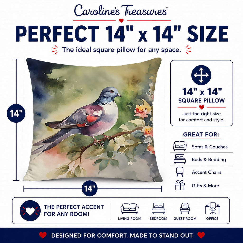 Pigeon Perched with Flowers Decorative Throw Pillow 14x14 Indoor Outdoor Accent Cushion, Fabric Cover with Insert for Sofa, Bed, Porch & Living Room