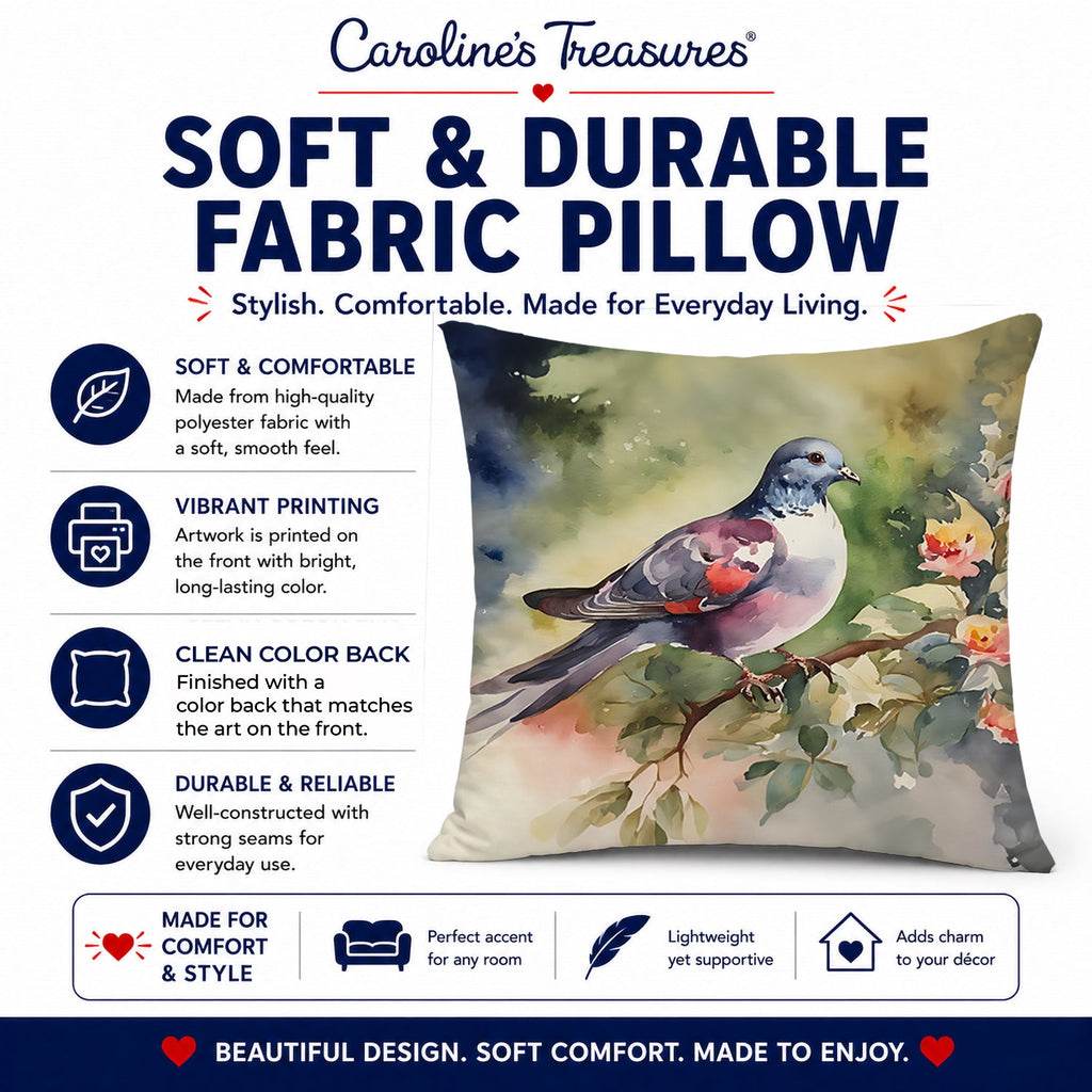 Pigeon Perched with Flowers Decorative Throw Pillow 18x18 Indoor Outdoor Accent Cushion, Fabric Cover with Insert for Sofa, Bed, Porch & Living Room