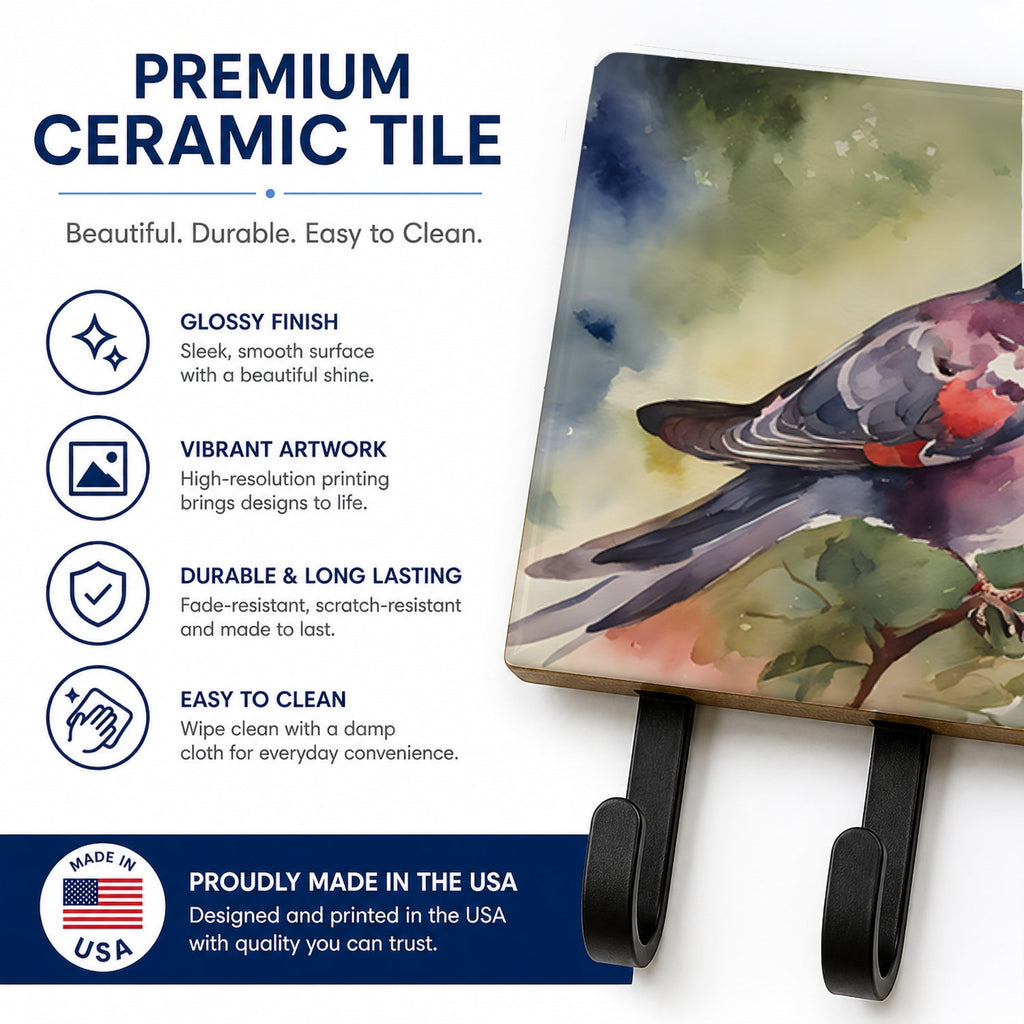 Pigeon Perched with Flowers Leash or Key Holder Wall Hooks, Coat Rack Wall Mount, for Hanging Keys, Towels, Aprons, Leashes