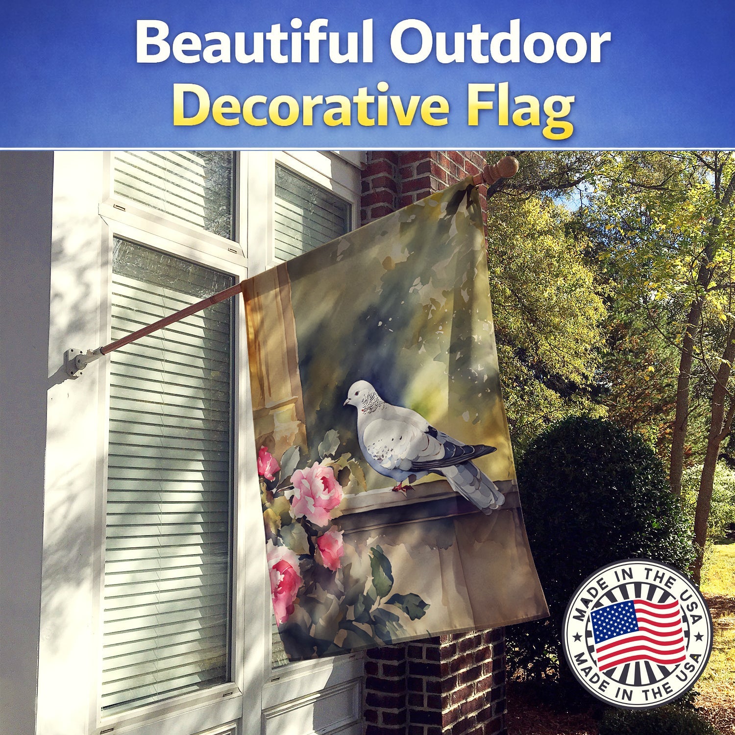 White Dove with Flowers Peaceful House Flag 28x40 Porch Sleeve Pole Decorative Outside Yard Banner Artwork Wall Hanging, Polyester