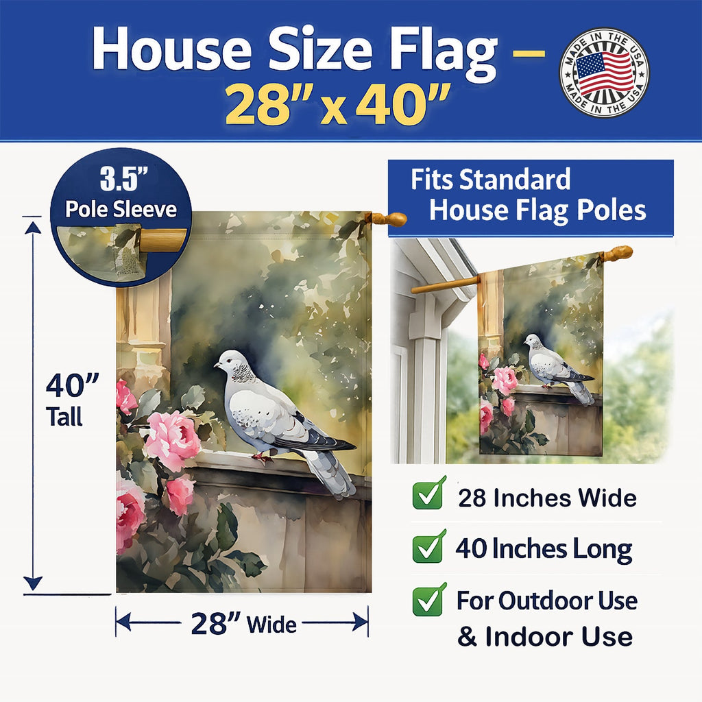 White Dove with Flowers Peaceful House Flag 28x40 Porch Sleeve Pole Decorative Outside Yard Banner Artwork Wall Hanging, Polyester