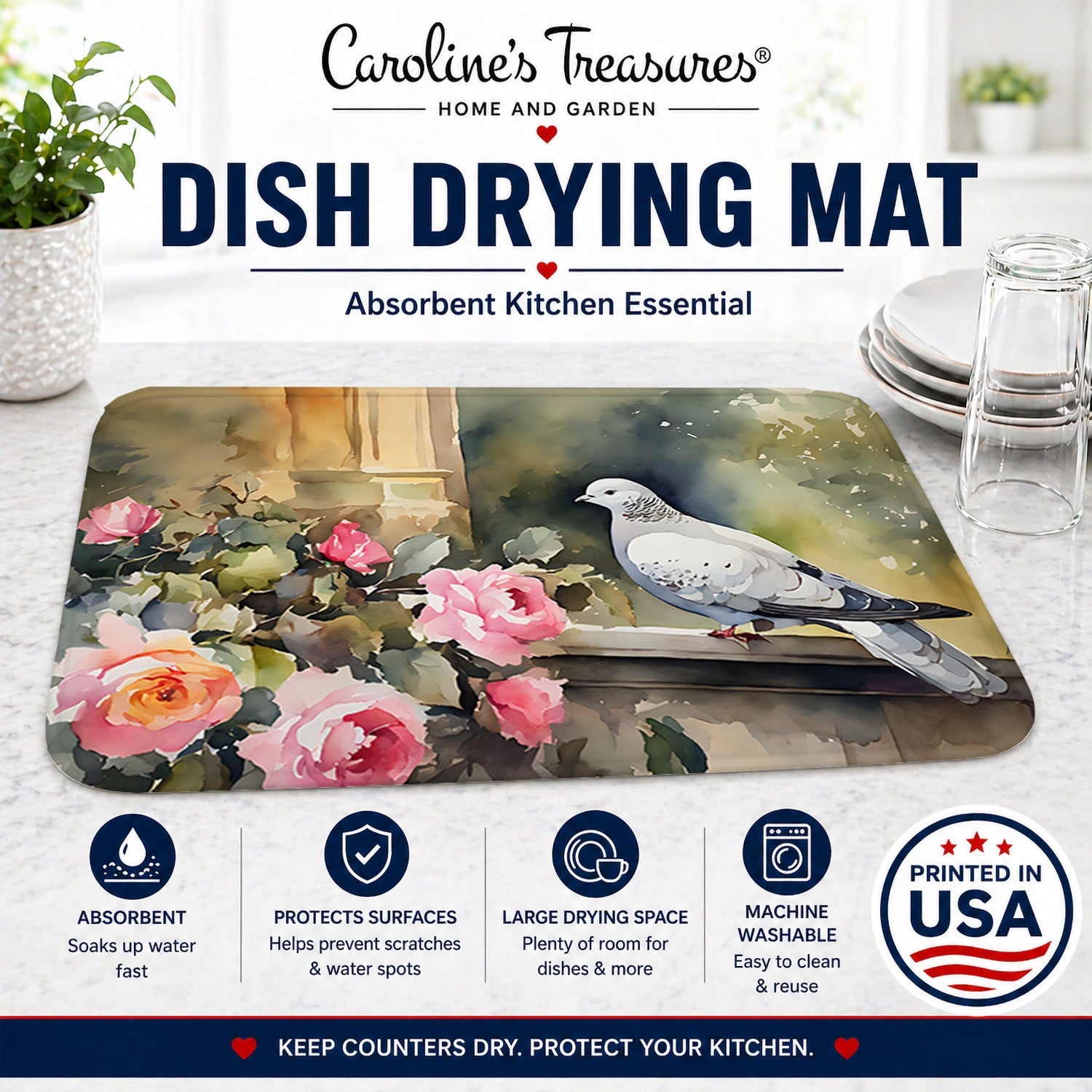 White Dove with Flowers Peaceful Dish Drying Mat Absorbent Dish Drying Mat Pad for Kitchen Counter Dish Drainer Mat for Countertop, 14 x 21", Multicolor
