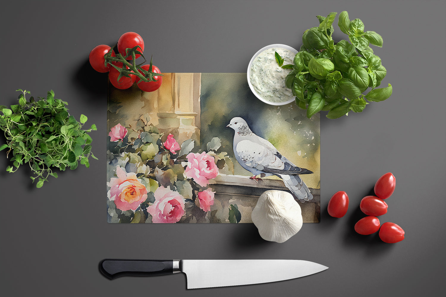 White Dove with Flowers Peaceful Cutting Board Tempered Glass Kitchen Cutting Surface, Heat Resistant Chopping, Non-Slip Feet, Food Prep & Serving
