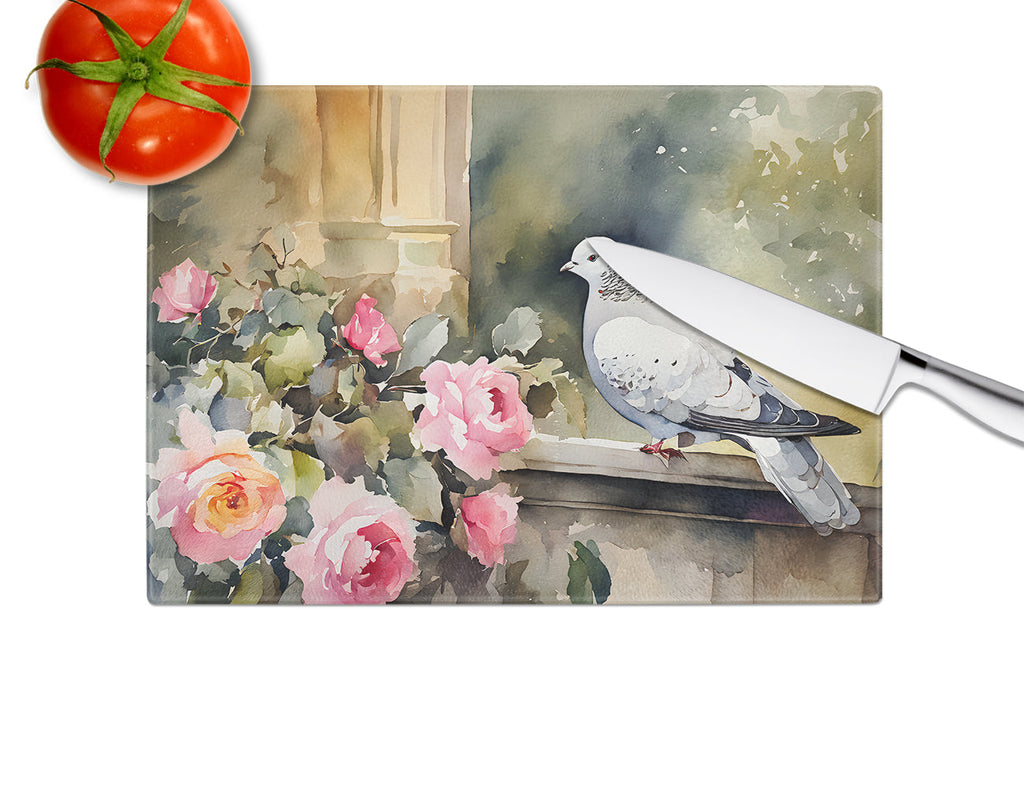 White Dove with Flowers Peaceful Cutting Board Tempered Glass Kitchen Cutting Surface, Heat Resistant Chopping, Non-Slip Feet, Food Prep & Serving