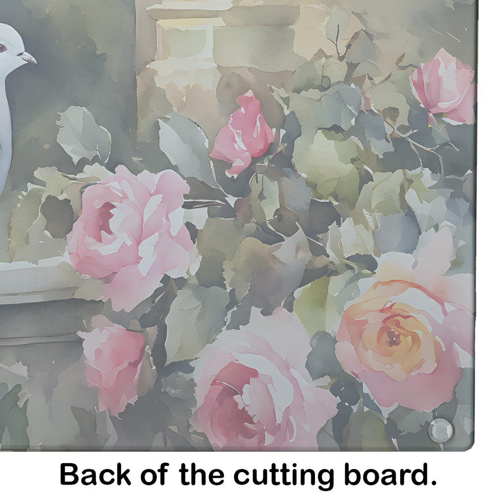 White Dove with Flowers Peaceful Cutting Board Tempered Glass Kitchen Cutting Surface, Heat Resistant Chopping, Non-Slip Feet, Food Prep & Serving